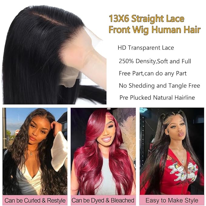 13x6 Lace Front Wigs Human Hair 250% Density Straight HD Transparent Lace Front Human Hair Wigs for Women 13x6 Straight Brazilian Wigs Human Hair Natural Color(straight wigs, 28 Inch)