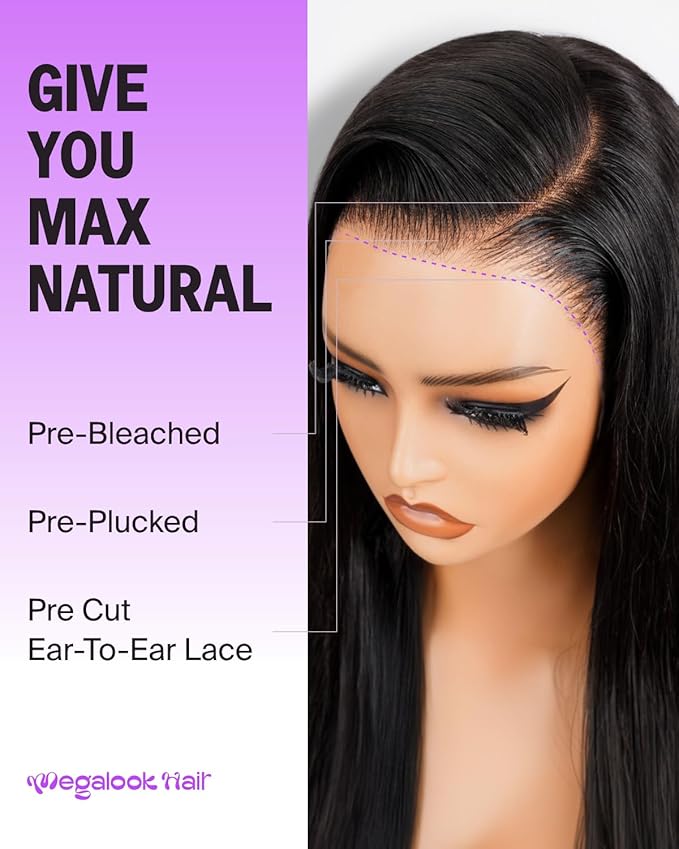 Drawstring Glueless 13x6 Lace Front Wigs Human Hair Pre Plucked Pre Cut Ear-To-Ear HD Frontal Glueless Wig 220% Density Pre Bleached Straight Wigs Human Hair 18 Inch