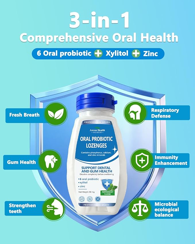 Oral Probiotics Lozenges for Mouth Bad Breath & Gum Repair - 6 Strains with Prebiotic, Zinc & Ca for Dry Mouth Relief, Enamel Shield, Mint Flavor with Xylitol - 90 Lozenges, Sugar-free