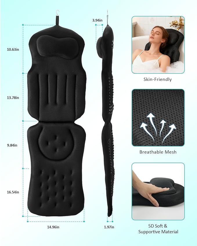 Full Body Bath Pillow for Bathtub, 5D Thick Tub Pillow for Bathtub with 192 Non-Slip Suction Cups, Laundry Bag & Hook, Bathtub Pillow for Head, Neck & Back Support (Black, 51"*15")