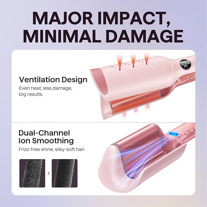 Wavytalk Power Wave Hair Crimper, Curling Iron Waver for Women, Beach Waves Curling Wand, Ventilation Design for Less Damage, Ionic Reduces Frizz, Effortless-Curler, Dual Voltage Crimping Iron, Pink
