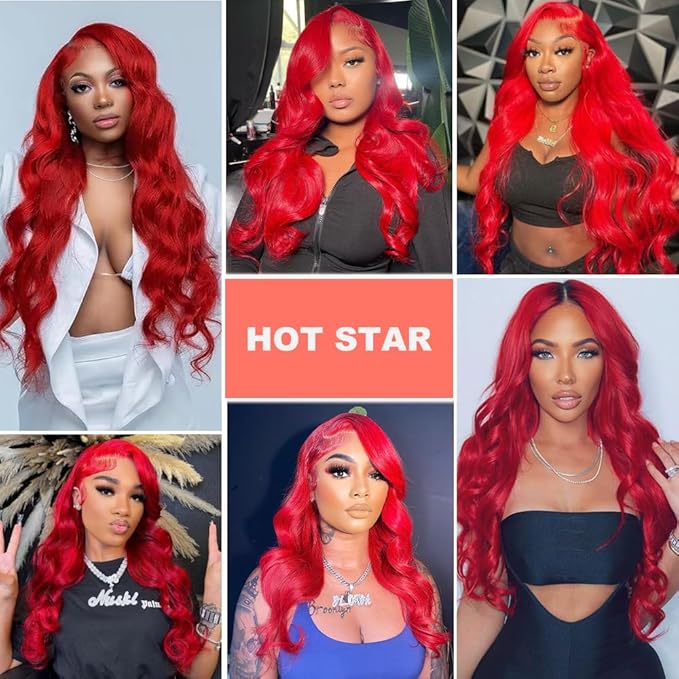 Red 13x6 Lace Front Wigs Human Hair Pre Plucked Body Wave Human Hair Wig Hot Red Lace Frontal Wigs For Black Women 180% Density 28 Inch