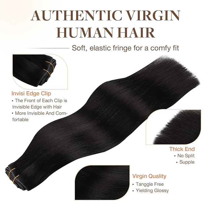 GOO GOO Invisi Edge Clip in Hair Extensions 24inch 170g 7Pcs Injected Seamless PU Clip in Hair Extensions, Virgin Real Human Hair, #1B Natural Black