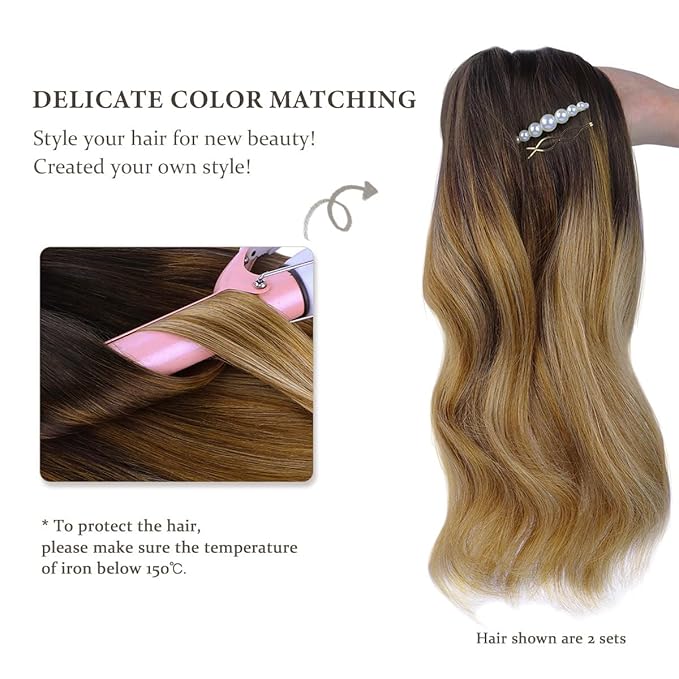HOTBANANA Seamless Clip in Hair Extensions Balayage Ombre Brown to Dirty Blonde (Warm Tone) 20 inch 150g 7pcs Clip in Remy Human Hair Extensions Straight Hair Invisible PU Skin Weft