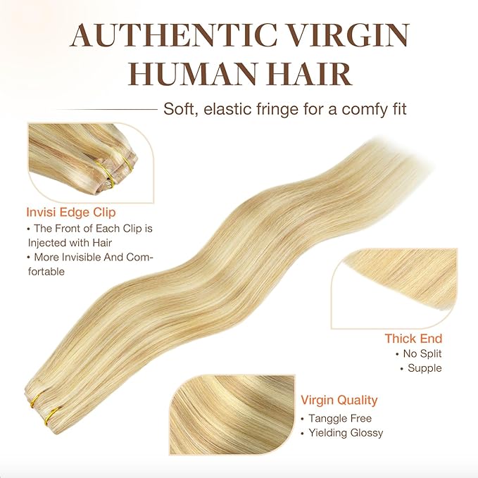 GOO GOO Invisi Edge Clip in Hair Extensions, 18inch 50g 4Pcs, Injected Seamless PU Clip in Hair Extensions, Virgin Real Human Hair, #16/22 Light Blonde Highlighted Golden Blonde