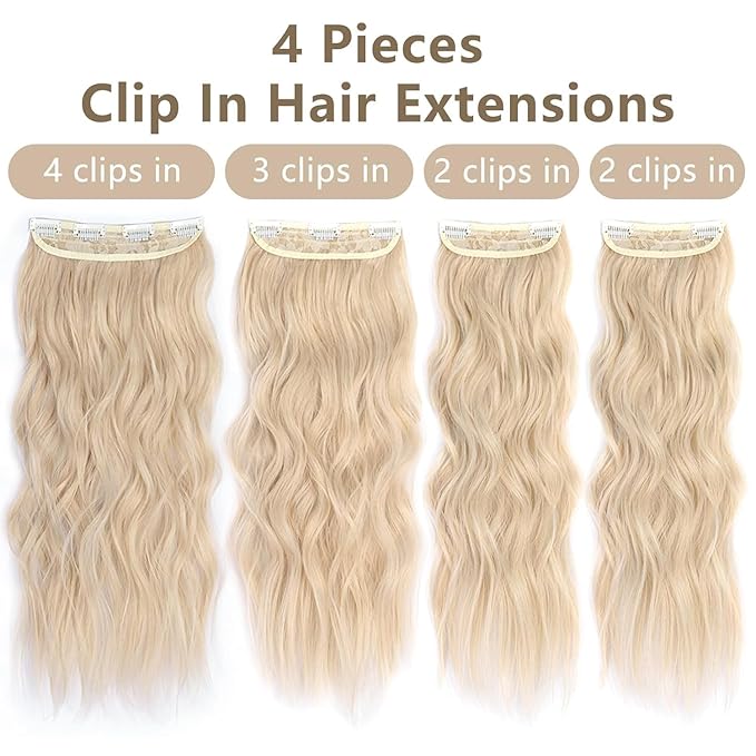 ALXNAN Clip in Hair Extensions, Long Wavy Blonde Hair, 24 Inch 4PCS Thick Fiber Double Weft Hairpieces