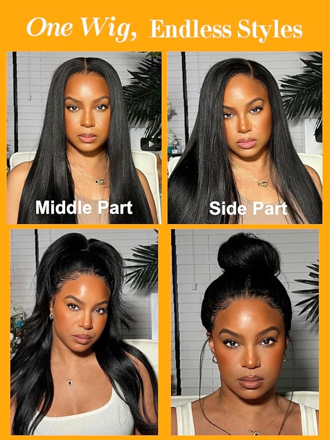 Julia Hair Pre Everything Glueless Wig Human Hair Yaki Straight 13x4 HD Lace with Ear Tape Bye Bye Knots Lace Front Wigs for Women Pre Bleached Invisible Knots Put On and Go Wig 22 Inch
