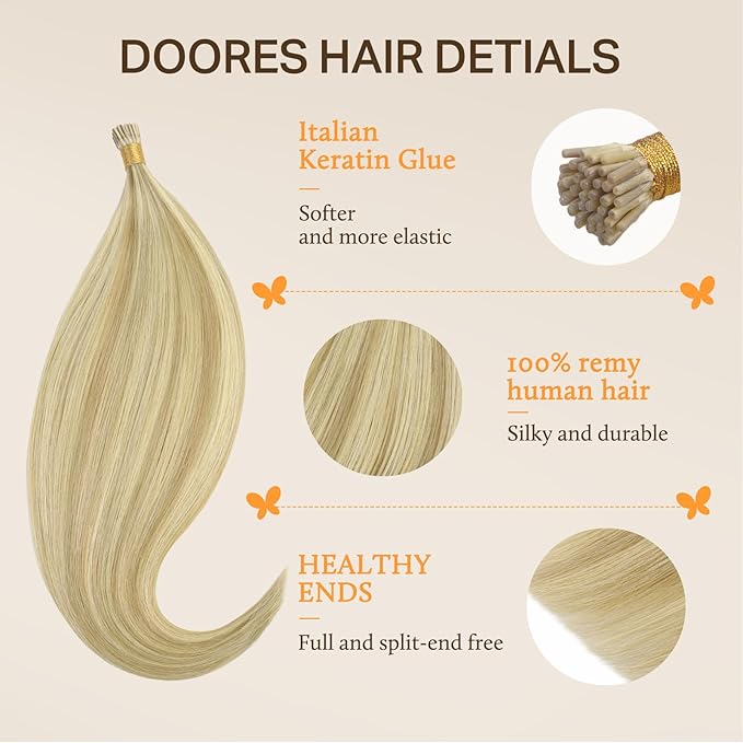DOORES I Tip Hair Extensions - Light Blonde Highlighted Golden Blonde 50g/50s 22 Inch, I Tips Human Hair Cold Fusion Straight