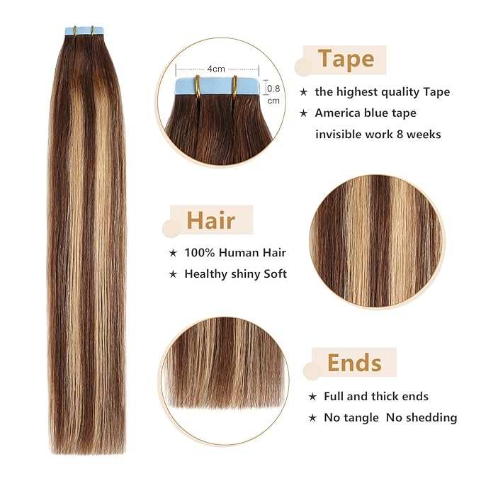 Tape in Hair Extensions Human Hair 14inch 20pcs 40g Balayage Dark Brown to Caramel Blonde YILITE Seamless Invisible Straight Skin Weft Tape in Hair Extensions Real Remy Human Hair(14 Inch #P4-27-T4)