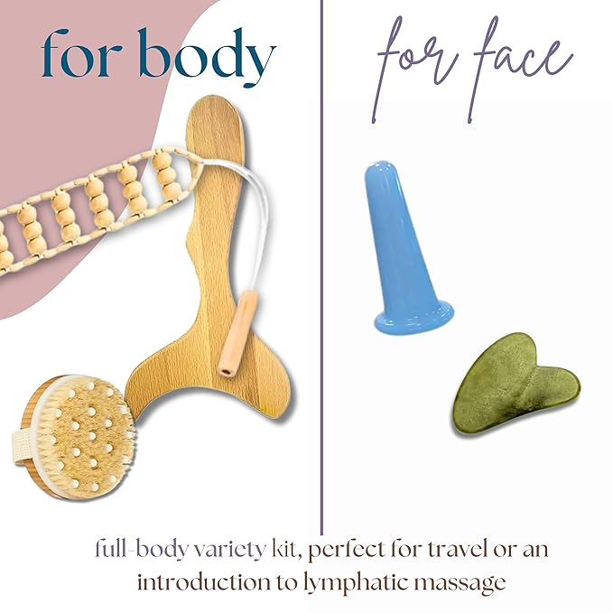 Abundantly Made Co. | 6-Piece Lymphatic Drainage Variety Kit + Wood Therapy Massage Tools | Wood, Jade & Silicone for Maderoterapia, Gua Sha, Cupping & Dry Brushing | Body Sculpting + Fascia Massager