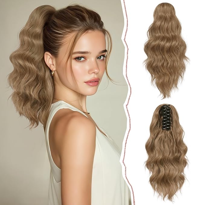 SOFEIYAN 14" Ponytail Extension, Short Wavy Claw Clip in Ponytail Hair Extension Synthetic Hairpieces Black/Chestnut Brown Mix Layered Natural Fluffy Curly Drawstring Ponytail Hair Piece for Women