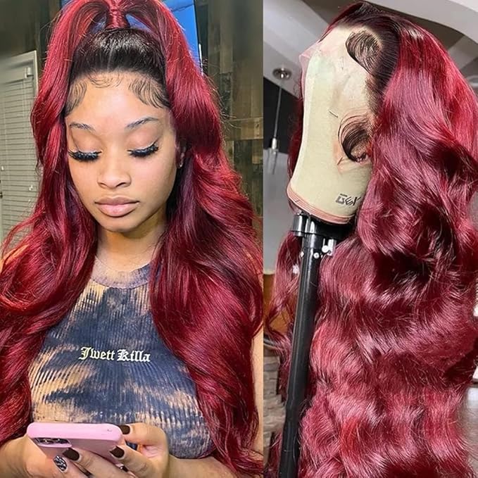 IUPin 1b 99j Burgundy Lace Closure Wigs Human Hair Body Wave Ombre Color Glueless Pre Plucked Human Hair Wigs for Women Natural Hairline with Baby Hair Colored Wine Red 24inch