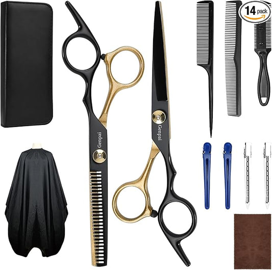 14-Piece Professional Hair Cutting Scissors Kit – Stainless Steel Hair Shears, Barber Scissors, Thinning Shears & Razor – Hair Cutting Kit for Men/Women/Kids – Barber Supplies & Accessories