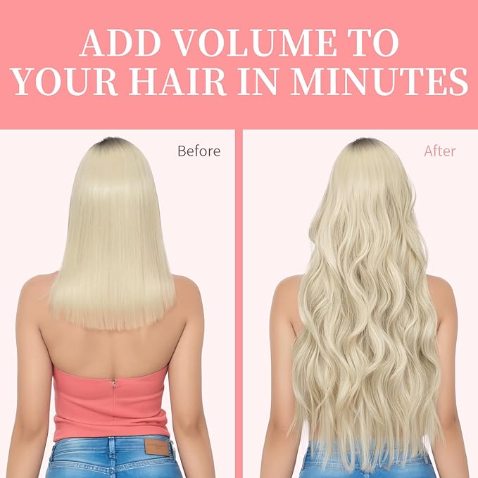 KooKaStyle Clip in Synthetic Hair Extensions Long Wavy 4PCS Thick Hairpieces Platinum Blonde Fiber Double Weft Natural Hair Extensions 24 Inch for Women