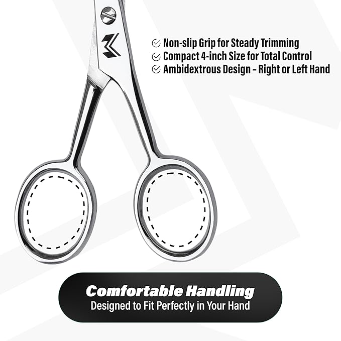 MUSI 4 Inch Eyebrow Scissors - Muti-purpose Small Scissors for Mustache, Beard, Nose Hair, Nail, Ear & Eyelash Trimming - Professional Stainless Steel Mini Grooming Scissors for Men Women with Comb