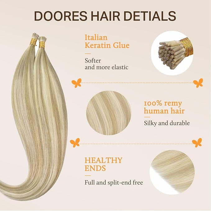 DOORES ITip Real Human Hair Extensions, 20 Inch 100g 100s, Dark Blonde Highlighted Bleach Blonde, Cold Fusion Hair Extensions
