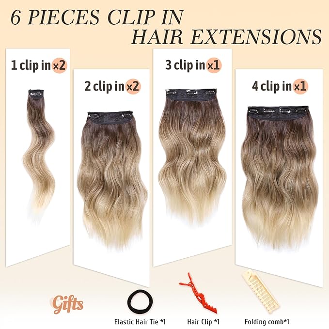 NAYOO Clip in Hair Extensions for Women 14 Inch Short Wavy Curly Ombre Brown to Blonde Hairpieces Full Head Synthetic Hair Hairpieces(6PCS,Ombre Brown to Blonde)