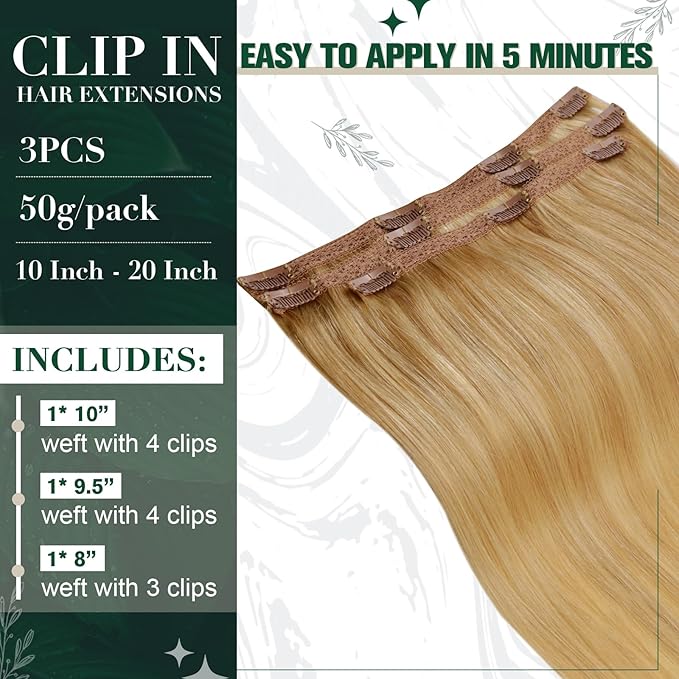 RUNATURE Real Human Hair Clip in Extensions Blonde, 14 Inch Clip in Hair Extensions Human Hair, Remy Hair Extensions Clip Ins, Easy to Maintain, 50g 3pcs #16P24 Golden Blonde Highlight