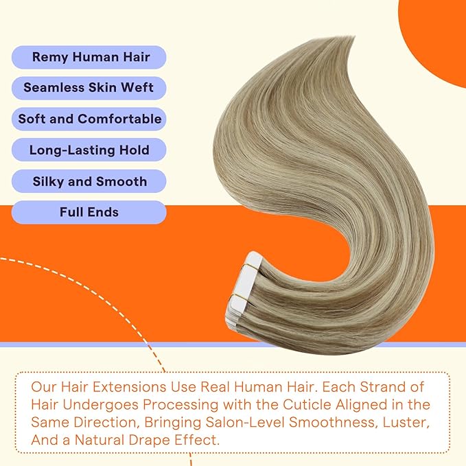 Full Shine Tape in Hair Extensions 16 Inch Invisible Seamless Tape in Extensions 20Pcs Color 16 Highlighted 22 Blonde Soft and Silky Human Hair Extensions Tape Ins 50Grams for Wedding