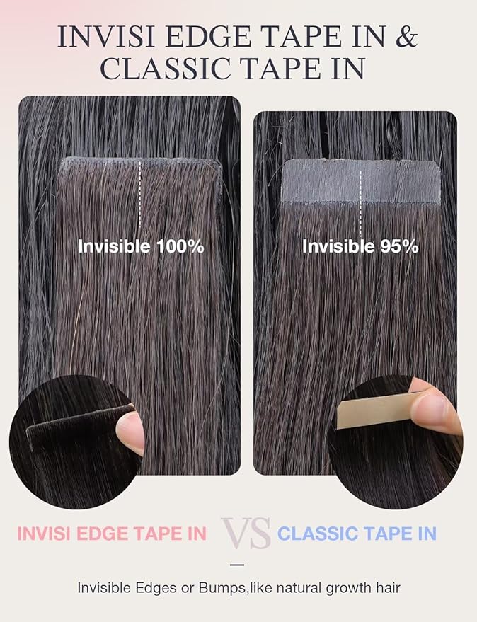 DOORES Injected Tape in Hair Extensions Invisi Edge, Jet Black 20 Injection Tape-ins with 20 Classic Tape-ins 100g 16 Inch, Injected Tape in Extensions Virgin Human Hair Seamless