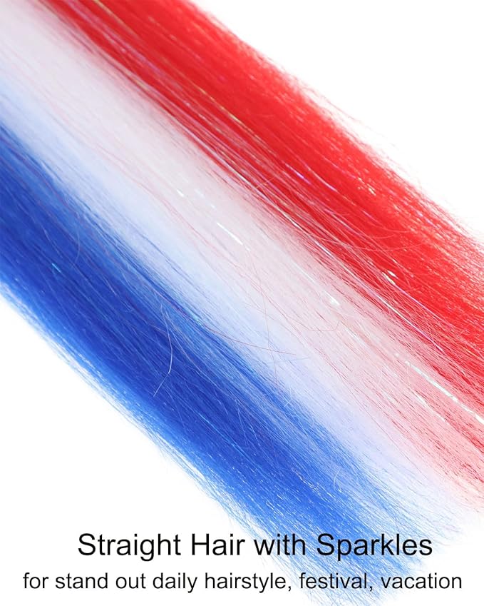 Colored Hair Extensions Red White Blue Ponytail Extension Colorful 2 Packs, 20 inch Crazy Hair Day Accessories for Women, DIY Festival Wacky Rave Braids,Tinsel Mixed