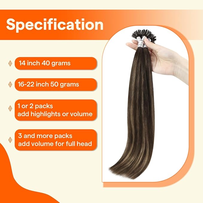 Full Shine Keratin U Tip Hair Extensions Human Hair Balayage Brown U Tip Hair Extensions Real Human Hair 14 Inch Natural Human Hair Straight Remy Hair 40 Grams add Volume