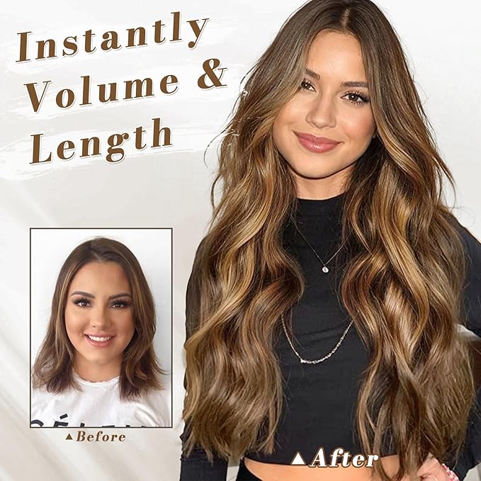 BARSDAR Highlight Clip in Hair Extensions - 20 Inch Wavy Clip in Hair Extensions for Women - 5PCs Thick Soft Synthetic Balayage Hairpieces Daily Party Halloween - Golden Brown with Highlights