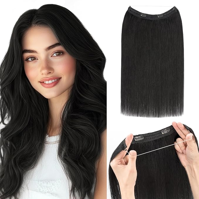 Hairro Wire Hair Extensions Human Hair, Fish Line Invisible Adjustable & Clips in Extensions Straight, 100% Real Hairpieces Seamless Blending for Women, 12 Inch 65g Jet Black
