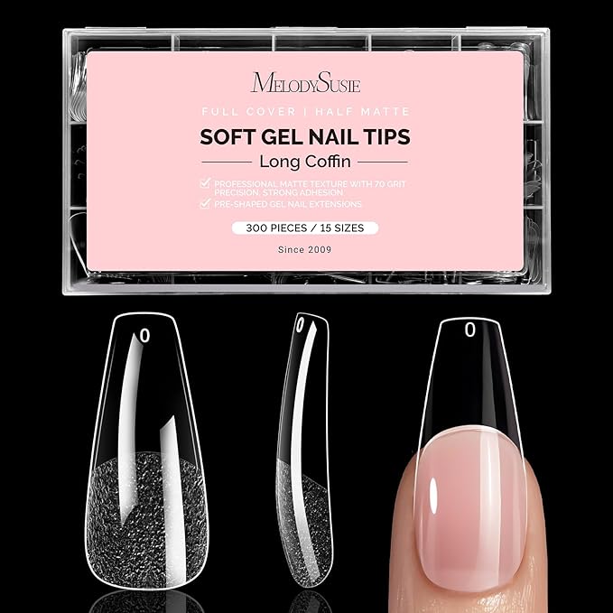 MelodySusie Long Coffin X Nail Tips - 300Pcs 15Sizes Clear Acrylic, Half Matte Full Cover Press on Nails for DIY Extension & Salon Use,Pre-Shaped for Long-Lasting Manicure