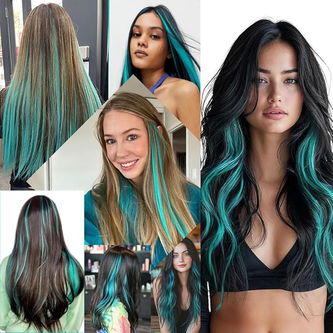 Rhyme 21'' 9PCS Princess Party Highlight Teal Hair Extensions Colored Hair Extensions Clip in/on for America Girls and Women Wig Hairpieces (Teal blue)