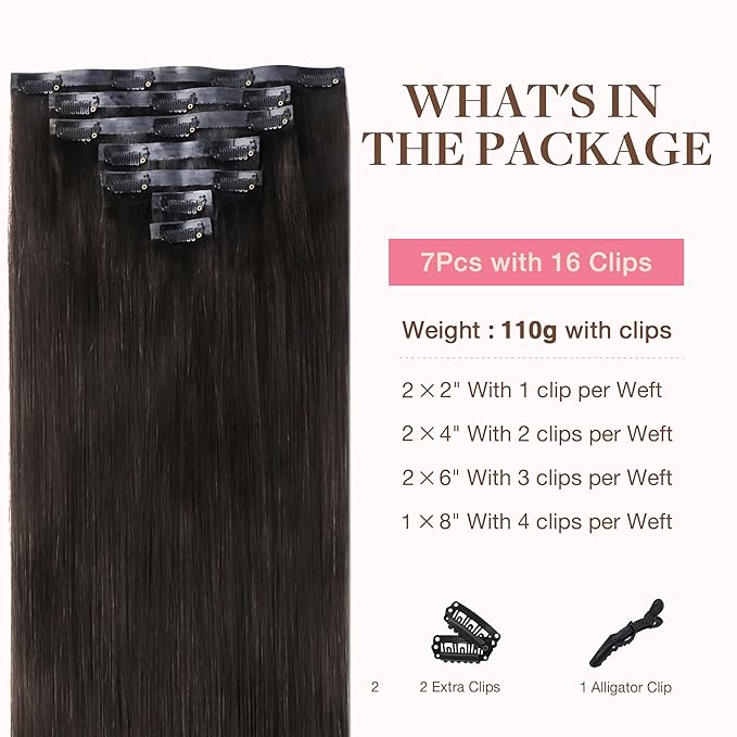 GOO GOO Clip in Hair Extensions Real Human Hair, Remy Human Hair Extensions Clip ins for Women, Natural Human Hair, 14inch 110g 7Pcs, 2 Dark Brown