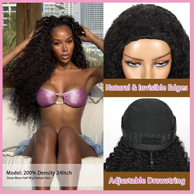 Half Wig Human Hair for Women 3 In 1 Deep Curly Glueless Wigs 200 Density Flip Over Beginner Friendly Wear Go Drawstring Wig No Glue No Sew Natural Color & Easy Install 16 Inch