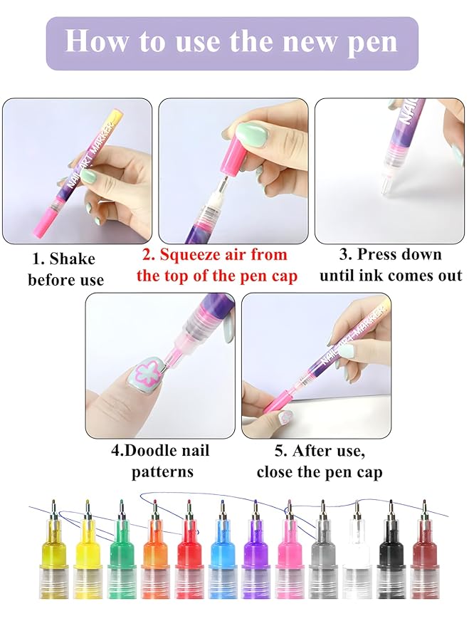 Fine Tips 3D Nail Art Pens, 12 Colors 0.5 MM Nail Marker Pens Nail Point Graffiti Dotting Drawing Painting Liner Pen for Home Salon Quickly Dry Nail Art Christmas Gift
