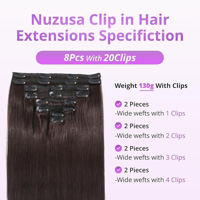 Clip in Hair Extensions Real Human Hair,100% Seamless Invisible Remy Human Hair Silky Straight, 8pcs Per Set with Double Weft,2 Dark Brown,26inch 130g/4.6oz