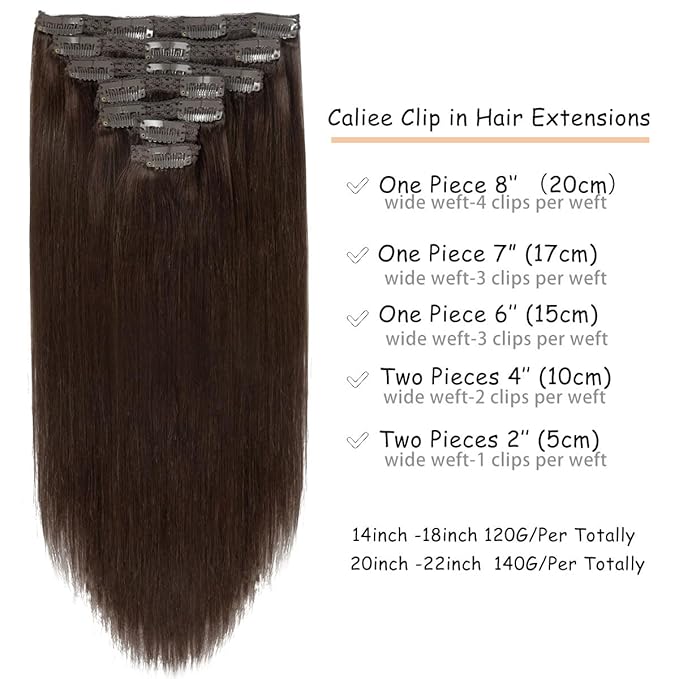 Caliee Clip in Hair Extensions Human Hair 2A Light Dark Brown Real Hair Double Weft Invisible Long Straight Remy Clip in Hair Extension 20Inch 140G 7PCS Natural Full Head & Thick Ends