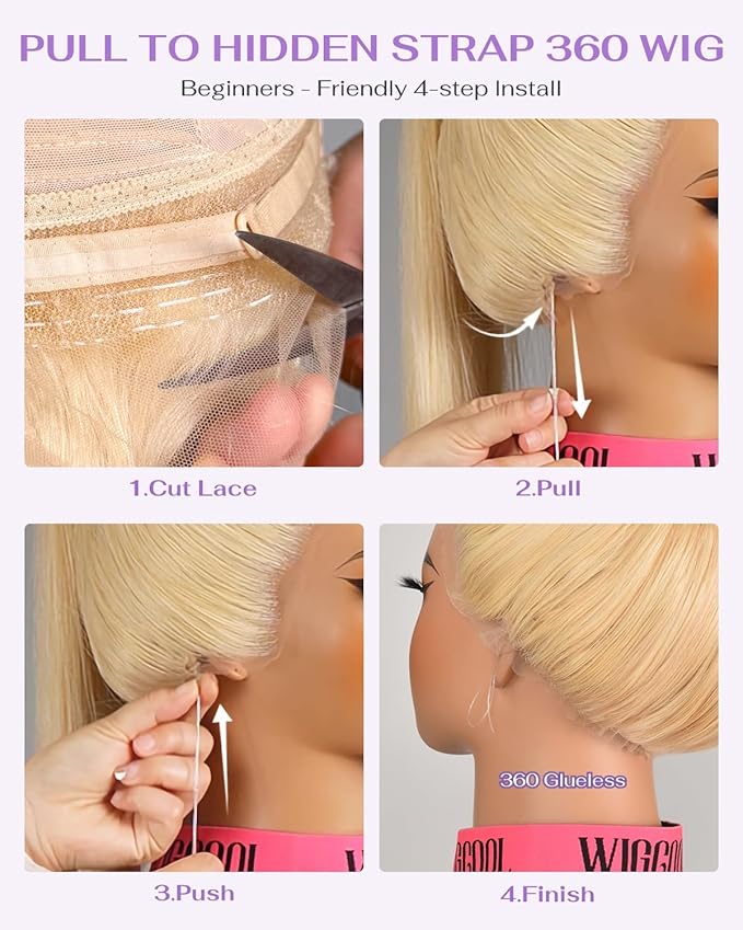 Hidden Strap Straight 360 613 Lace Front Wigs Human Hair Invisible Strap Pre Plucked 180% Density SALON-Quality Blonde Wig with Drawstring Glueless Wigs HD Full Lace Human Hair Wigs 24inch