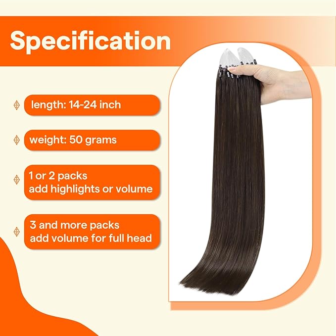 Full Shine Micro Loop Human Hair Extensions Color 2 Darkest Brown 20 Inch Straight Remy Hair add Length 50G with 7G Micro Beads Prebonded Micro Link Hair Extensions Human Hair