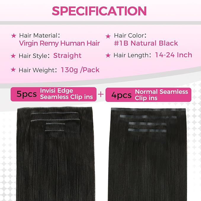 Lashey Invisi Edge & Seamless Clip in Hair Extensions Human Hair, 14 Inch 130g 9pcs(5pcs Invisi Edge& 4pcs Seamless) Real Virgin Human Hair Extensions, Natural Black Straight Hair