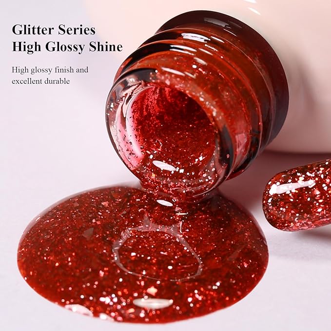 Imtiti 10ml Red Glitter Gel Nail Polish Long Lasting Soak Off UV Led Christmas Red Gel Polish Salon DIY at Home Gift for Women 1Pcs