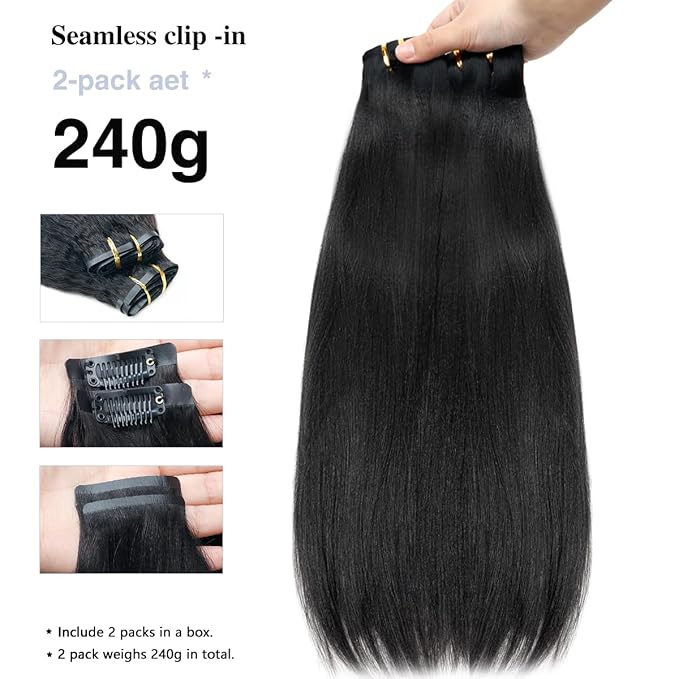 Yaki Straight Clip in Hair Extensions Real Human Hair 2 Pack 240g Seamless Clip ins for Women Full Max 15A Remy Human Hair Extensions with 16Pcs PU Thin Weft 14inch Natural Black