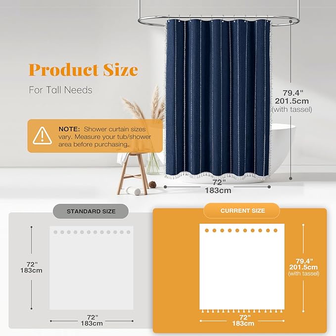 BTTN Boho Farmhouse Shower Curtain - Linen Rustic Heavy Duty Striped Fabric Shower Curtain Set with Tassel, Bohemian Vintage Country Cloth Shower Curtains for Bathroom，Navy Blue，72" W x 78" L