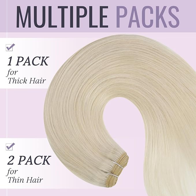 Fshine White Blonde Hand Tied Weft Hair Extensions 16 inch 100 g Sew in White Blonde Double Weft Remy Human Hair Straight Extensions for Salon Professionals Home Stylists