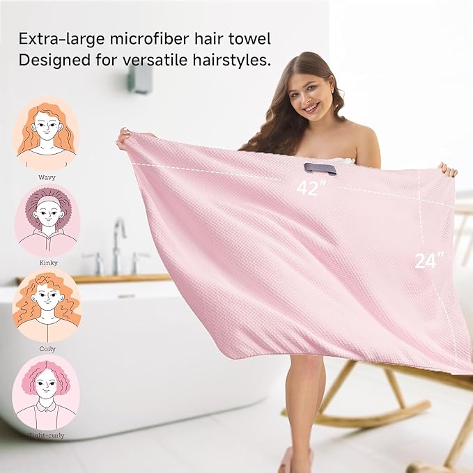 Large Microfiber Hair Towel Wrap & Satin Bonnet Set for Women, Ultra Absorbent Turban 24x42 Inches & Adjustable Night Cap for Curly Hair, Prevents Frizz & Breakage, Stocking Stuffers