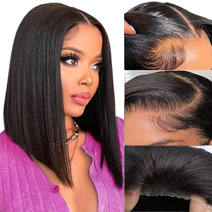 Wear and Go Glueless Bob Wig Human Hair Pre Plucked Pre Cut 4x4 HD Transparent Lace Front Wigs Human Hair 150% Density Short Straight Bob Wigs for Black Women No Glue Lace Closure Wigs（16 Inch ）