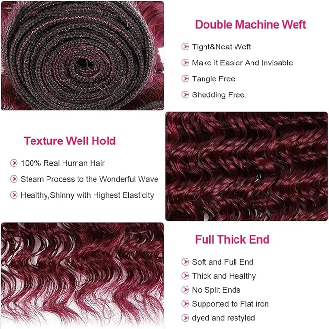 Burgundy Human Hair Bundles 99J Water Wave 3 Bundles 12 14 16 inch 8A Brazilian Unprocessed Virgin Hair Color Red Bundle 150g