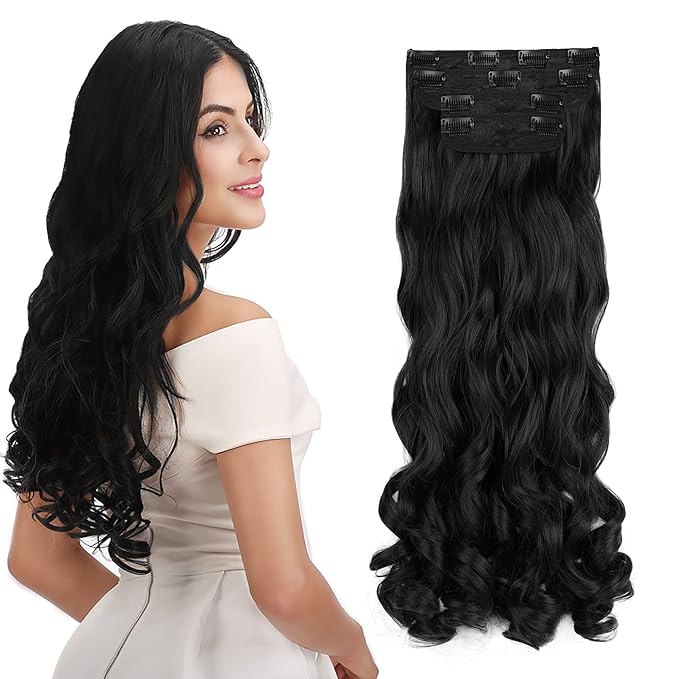 REECHO 20" Curly Wavy 4 Pieces Set Clip in Hair Extensions Natural Black
