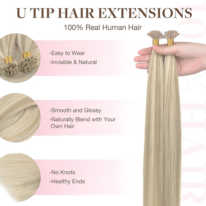 GOO GOO U Tip Hair Extensions - Real Human Hair, 14inch 50g 50S, Hot Fusion, Invisible Remy, 17A/60A Ash Blonde Highlighted Platinum Blonde