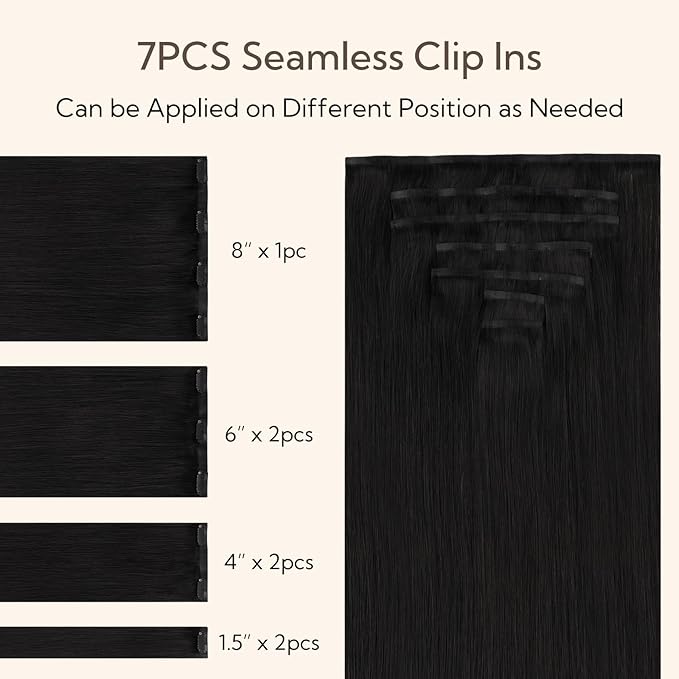 HOTBANANA Seamless Clip in Hair Extensions, 24 Inch 140g 7pcs Natural Black Invisible PU Skin Weft Straight Remy Human Hair Extensions
