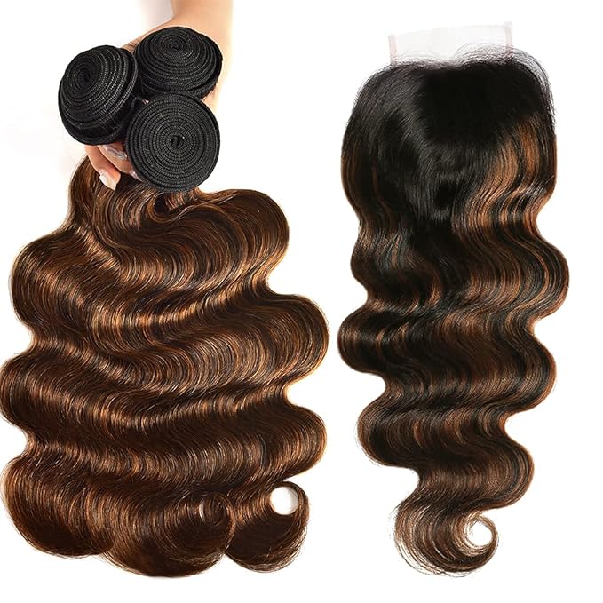 UNICE Brown Highlight Body Wave Human Hair 3 Bundles with 4x4 lace closure, Brazilian Remy Hair Ombre Human Hair Wavy Weaves FB30 Color 22 22 22+20 Closure