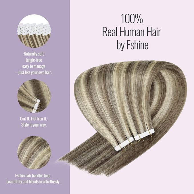 Fshine Hair Extension Tape ins 20 pcs 50 g 12 Inch Highlight Tape in Hair Extensions Color Light Brown and Highlighted Platinum Blonde Glue in extensions,for Women, Ladies & Girls